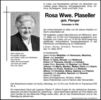 Traueranzeige von Rosa Plaseller von Dolomiten
