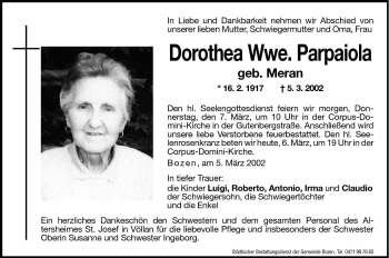 Traueranzeige von Dorothea Parpaiola von Dolomiten