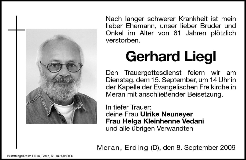  Traueranzeige für Gerhard Liegl vom 12.09.2009 aus Dolomiten