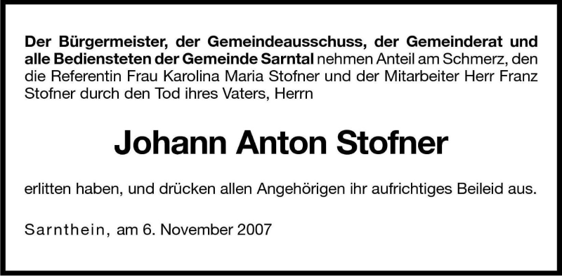  Traueranzeige für Johann Anton Stofner vom 07.11.2007 aus Dolomiten