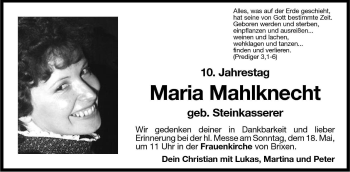 Traueranzeige von Maria Mahlknecht von Dolomiten