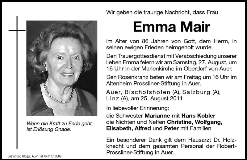  Traueranzeige für Emma Mair vom 26.08.2011 aus Dolomiten