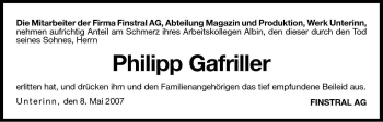 Traueranzeige von Philipp Gafriller von Dolomiten