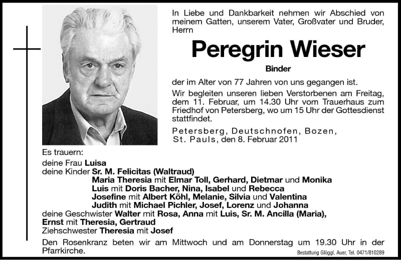  Traueranzeige für Peregrin Wieser vom 09.02.2011 aus Dolomiten