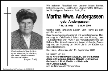 Traueranzeige von Martha Andergassen von Dolomiten