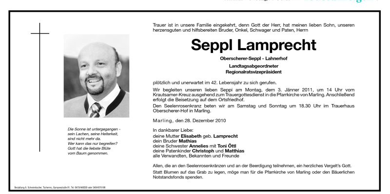  Traueranzeige für Seppl Lamprecht vom 30.12.2010 aus Dolomiten