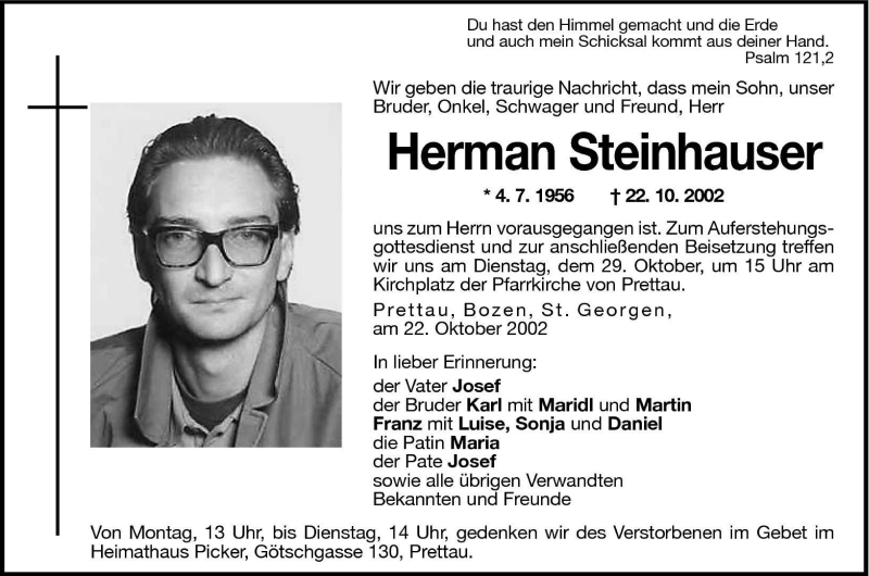  Traueranzeige für Hermann Steinhauser vom 28.10.2002 aus Dolomiten