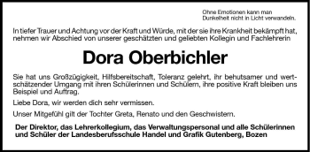 Traueranzeige von Dora Oberbichler von Dolomiten