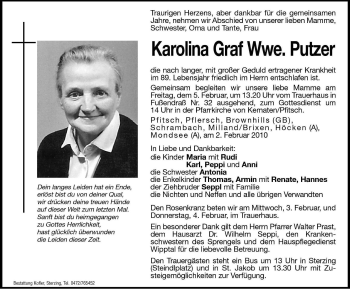 Traueranzeige von Karolina Putzer von Dolomiten