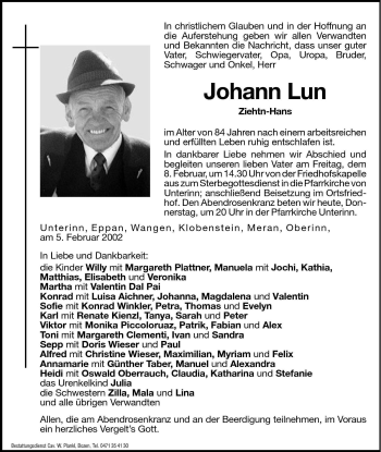 Traueranzeige von Johann Lun von Dolomiten