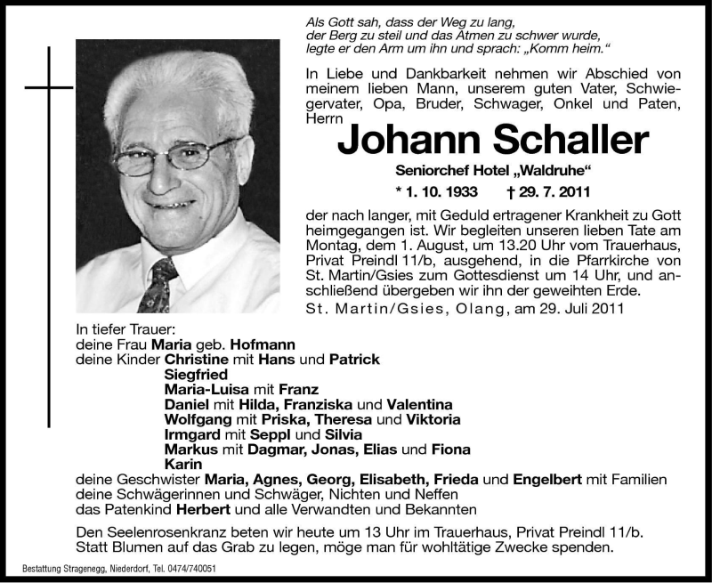 Traueranzeigen von Johann Schaller | Trauer.bz