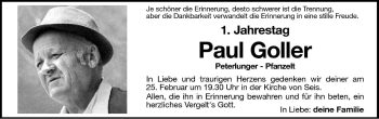 Traueranzeige von Paul Goller von Dolomiten