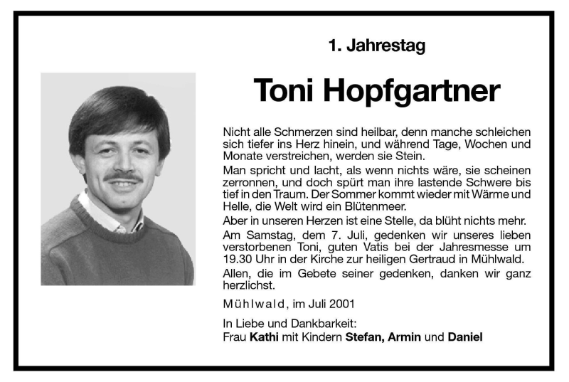  Traueranzeige für Toni Hopfgartner vom 06.07.2001 aus Dolomiten