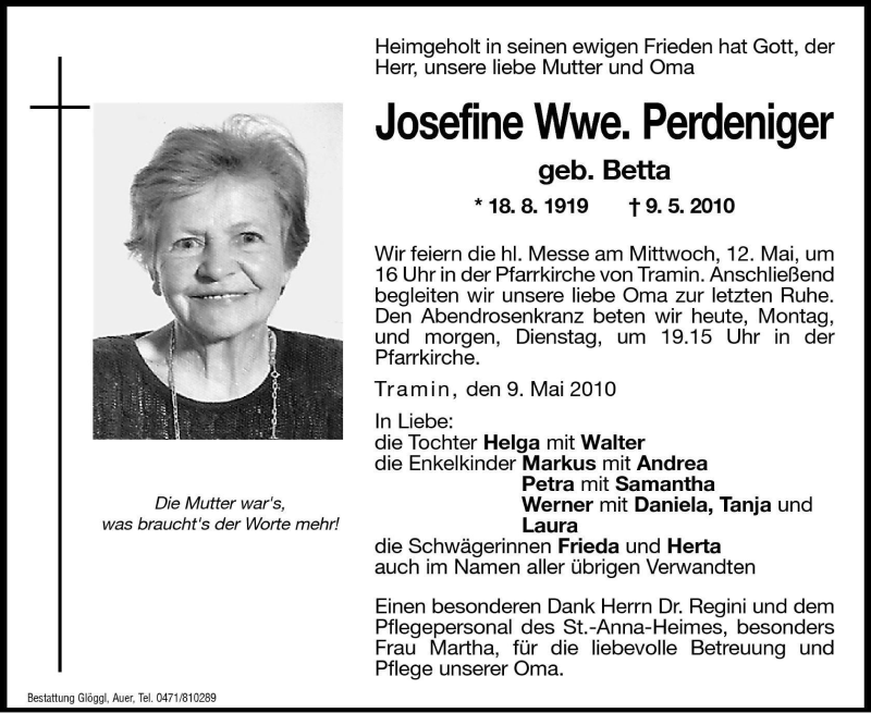  Traueranzeige für Josefine Perdeniger vom 10.05.2010 aus Dolomiten