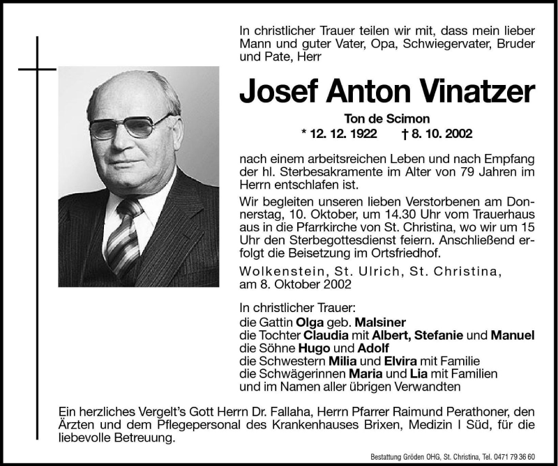  Traueranzeige für Josef Anton Vinatzer vom 09.10.2002 aus Dolomiten