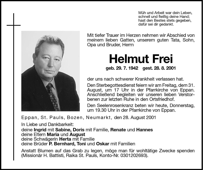  Traueranzeige für Helmut Frei vom 30.08.2001 aus Dolomiten