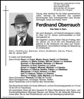 Traueranzeige von Ferdinand Oberrauch von Dolomiten