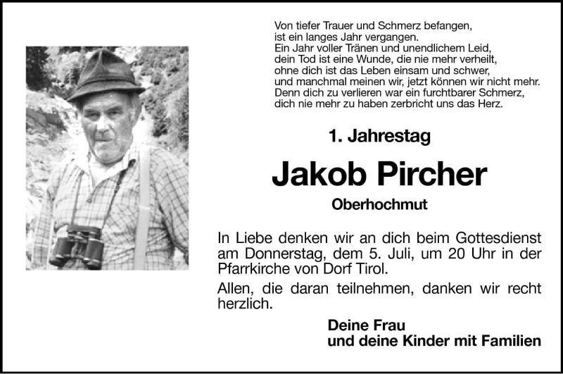  Traueranzeige für Jakob Pircher vom 04.07.2001 aus Dolomiten