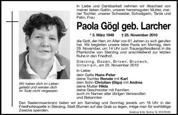 Traueranzeige von Paola Gögl von Dolomiten