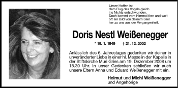Traueranzeige von Doris Nestl Weißenegger von Dolomiten