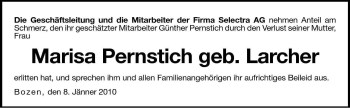 Traueranzeige von Marisa Pernstich von Dolomiten