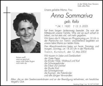 Traueranzeige von Anna Sommariva von Dolomiten