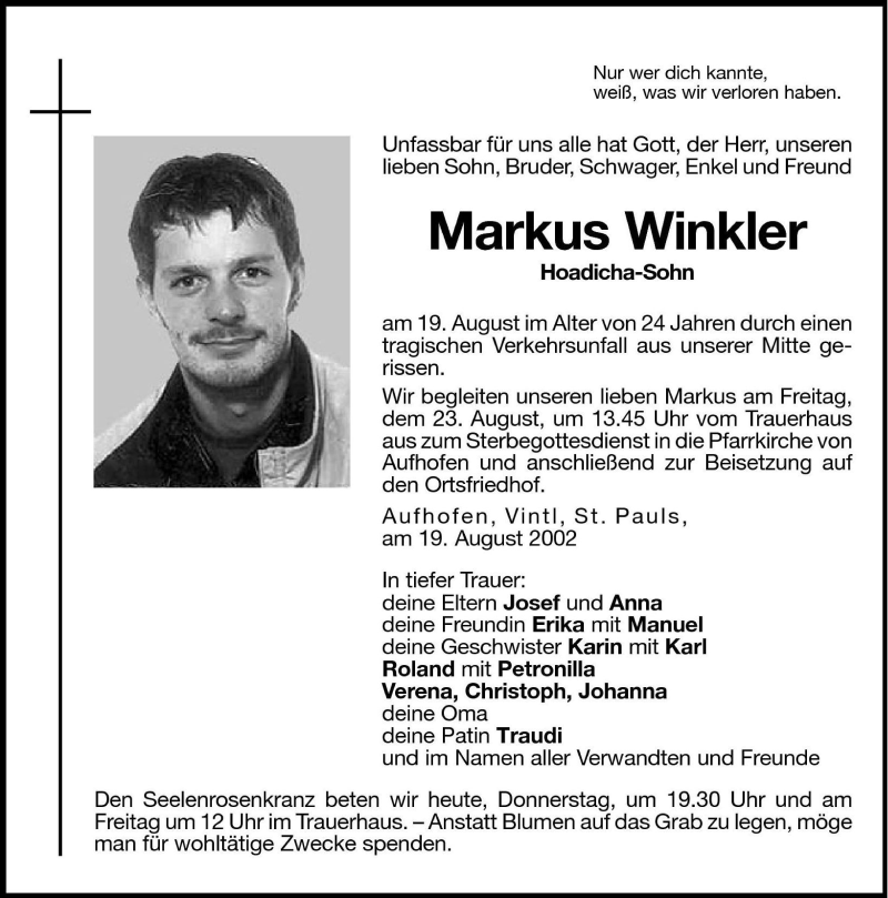  Traueranzeige für Markus Winkler vom 22.08.2002 aus Dolomiten