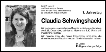 Traueranzeige von Claudia Schwingshackl von Dolomiten