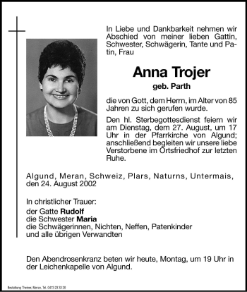 Traueranzeige von Anna Trojer von Dolomiten