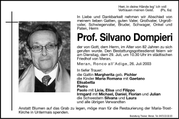 Traueranzeige von Silvano Dompieri von Dolomiten