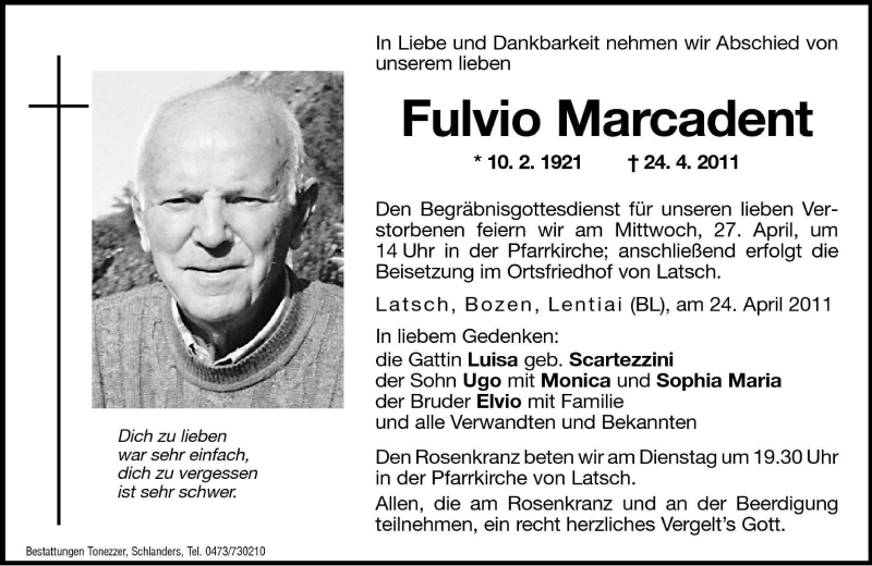  Traueranzeige für Fulvio Marcadent vom 26.04.2011 aus Dolomiten