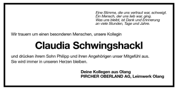 Traueranzeige von Claudia Schwingshackl von Dolomiten