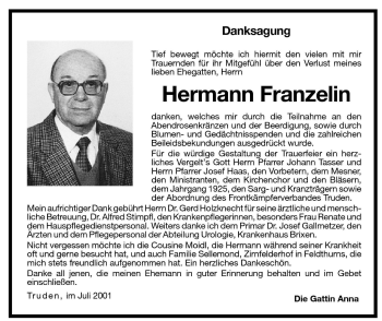 Traueranzeige von Hermann Franzelin von Dolomiten