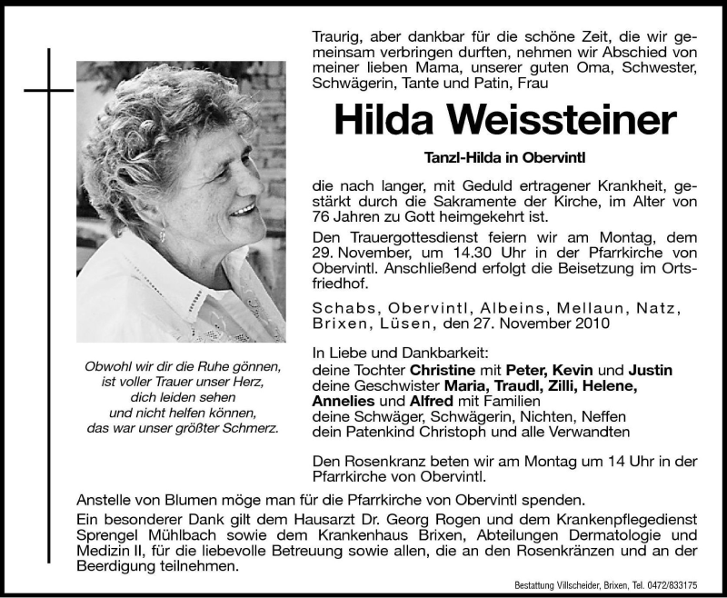  Traueranzeige für Hilda Weissteiner vom 29.11.2010 aus Dolomiten