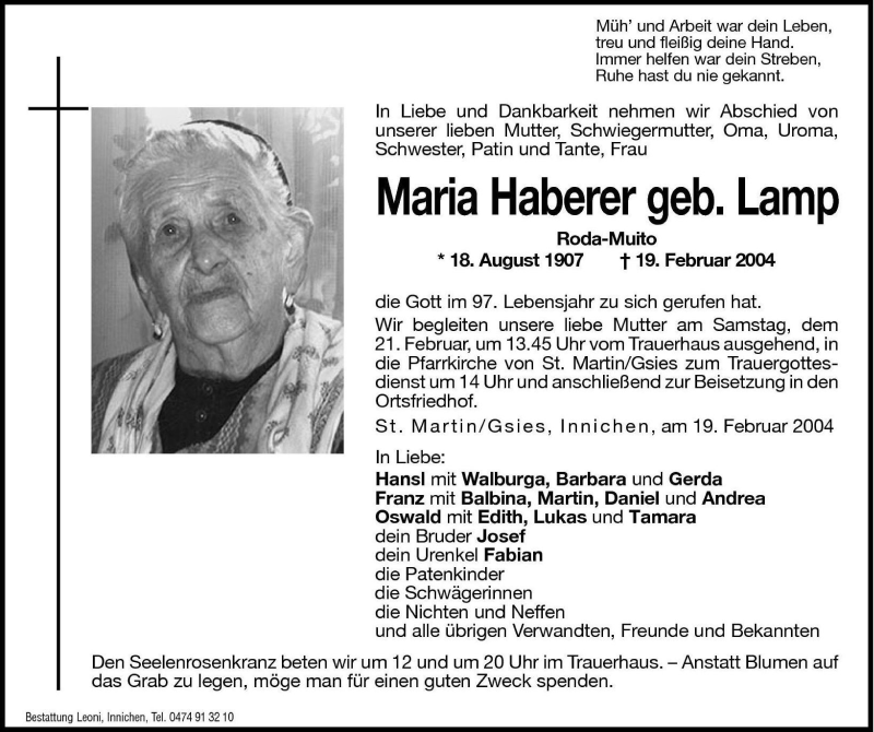  Traueranzeige für Maria Haberer vom 20.02.2004 aus Dolomiten