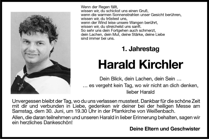  Traueranzeige für Harald Kirchler vom 26.06.2001 aus Dolomiten