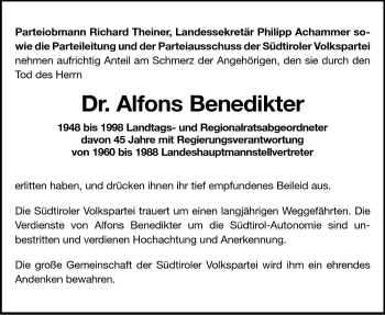 Traueranzeige von Alfons Benedikter von Dolomiten
