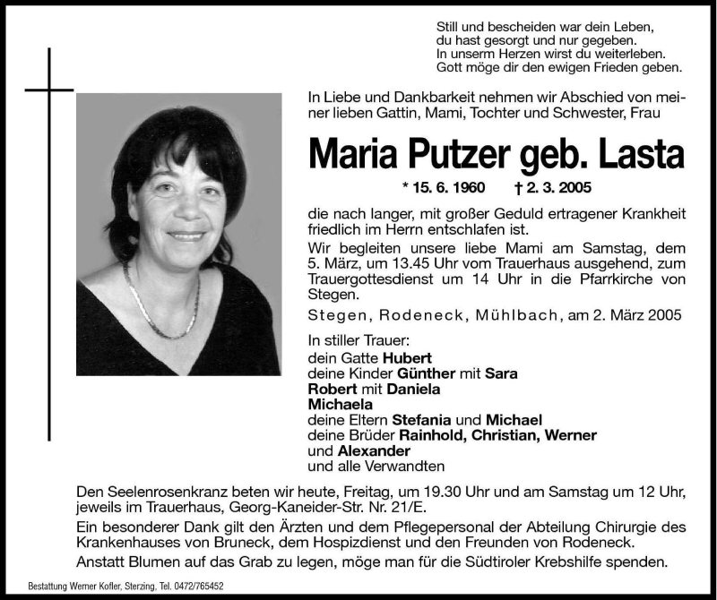 Traueranzeige für Maria Putzer vom 04.03.2005 aus Dolomiten