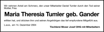 Traueranzeige von Maria Theresia Tumler von Dolomiten