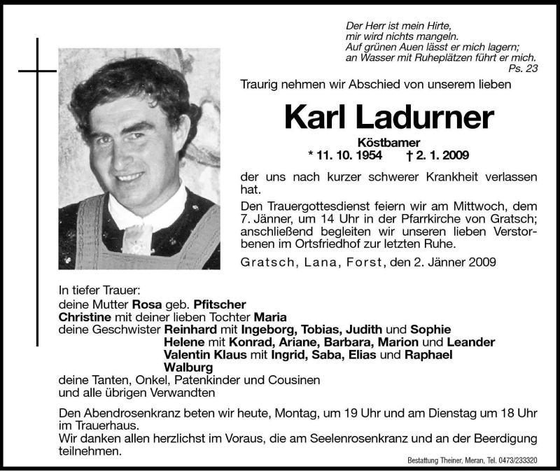  Traueranzeige für Karl Ladurner vom 05.01.2009 aus Dolomiten