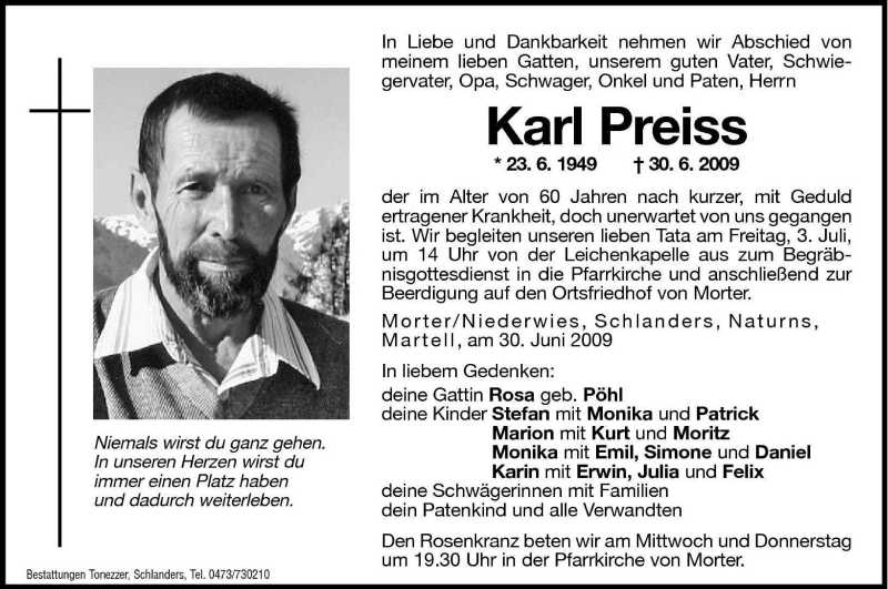  Traueranzeige für Karl Preiss vom 01.07.2009 aus Dolomiten