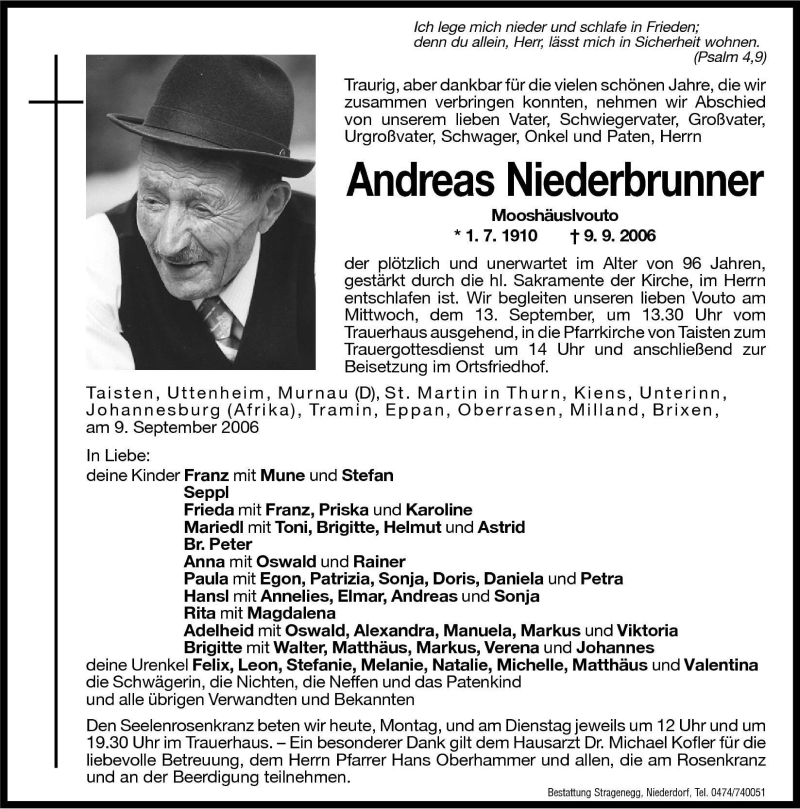  Traueranzeige für Andreas Niederbrunner vom 11.09.2006 aus Dolomiten