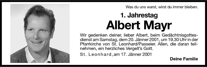  Traueranzeige für Albert Mayr vom 19.01.2001 aus Dolomiten
