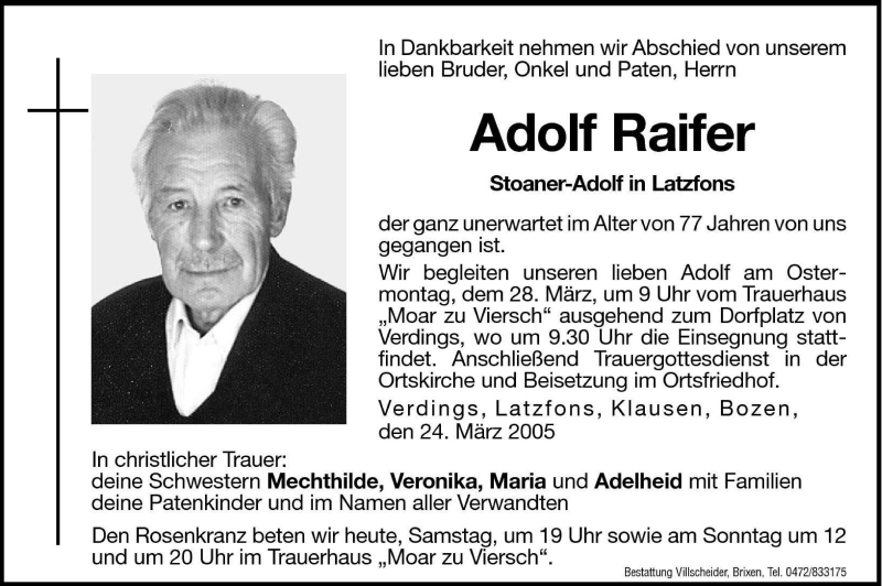  Traueranzeige für Adolf Raifer vom 26.03.2005 aus Dolomiten