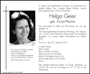 Traueranzeige von Helga Geier von Dolomiten