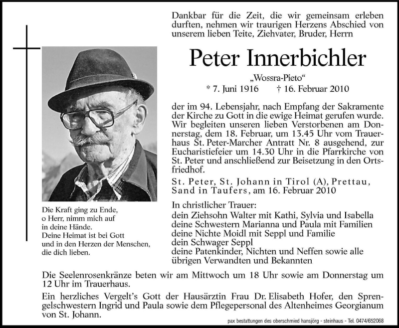  Traueranzeige für Peter Innerbichler vom 17.02.2010 aus Dolomiten