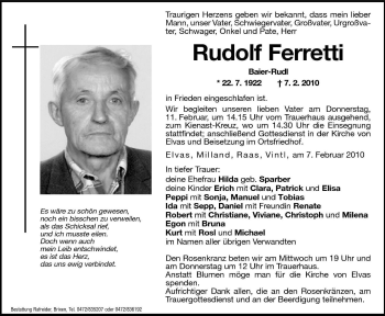 Traueranzeige von Rudolf Ferretti von Dolomiten