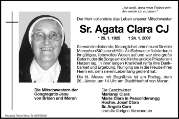Traueranzeige von Agata Clara von Dolomiten