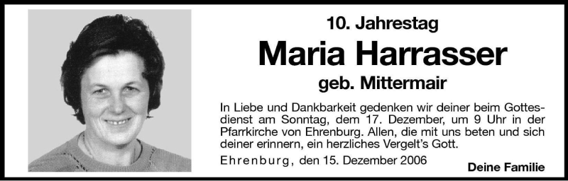  Traueranzeige für Maria Harrasser vom 15.12.2006 aus Dolomiten