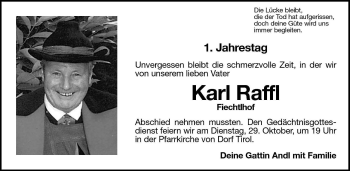 Traueranzeige von Karl Raffl von Dolomiten